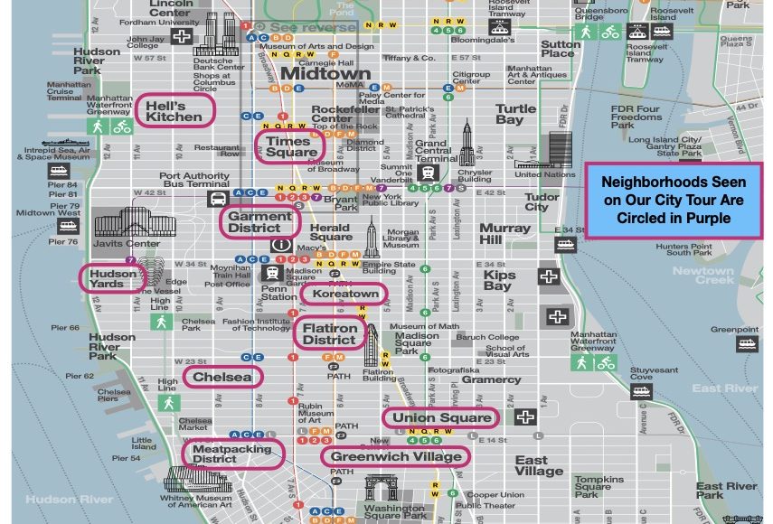 Map of New York City neighborhoods we visit on Your NYC Guide NYC Pedicab Tour